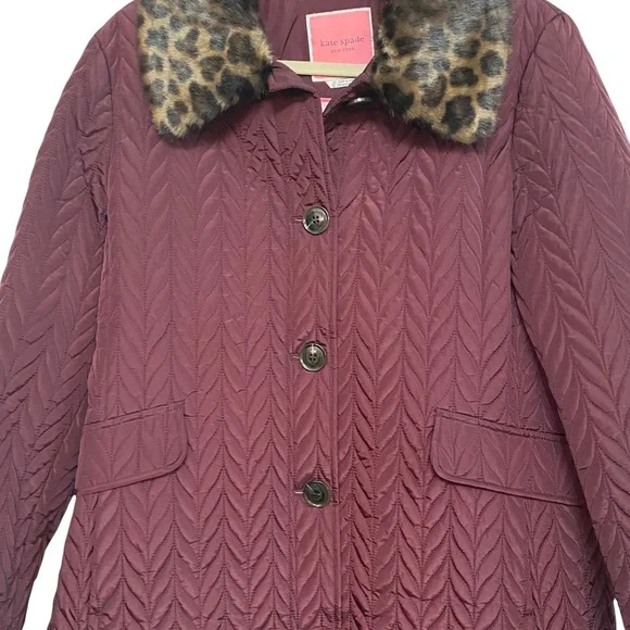 Kate Spade Quilted Chevron Jacket w/ Removable Faux Fur Leopard Collar - Picture 3 of 13